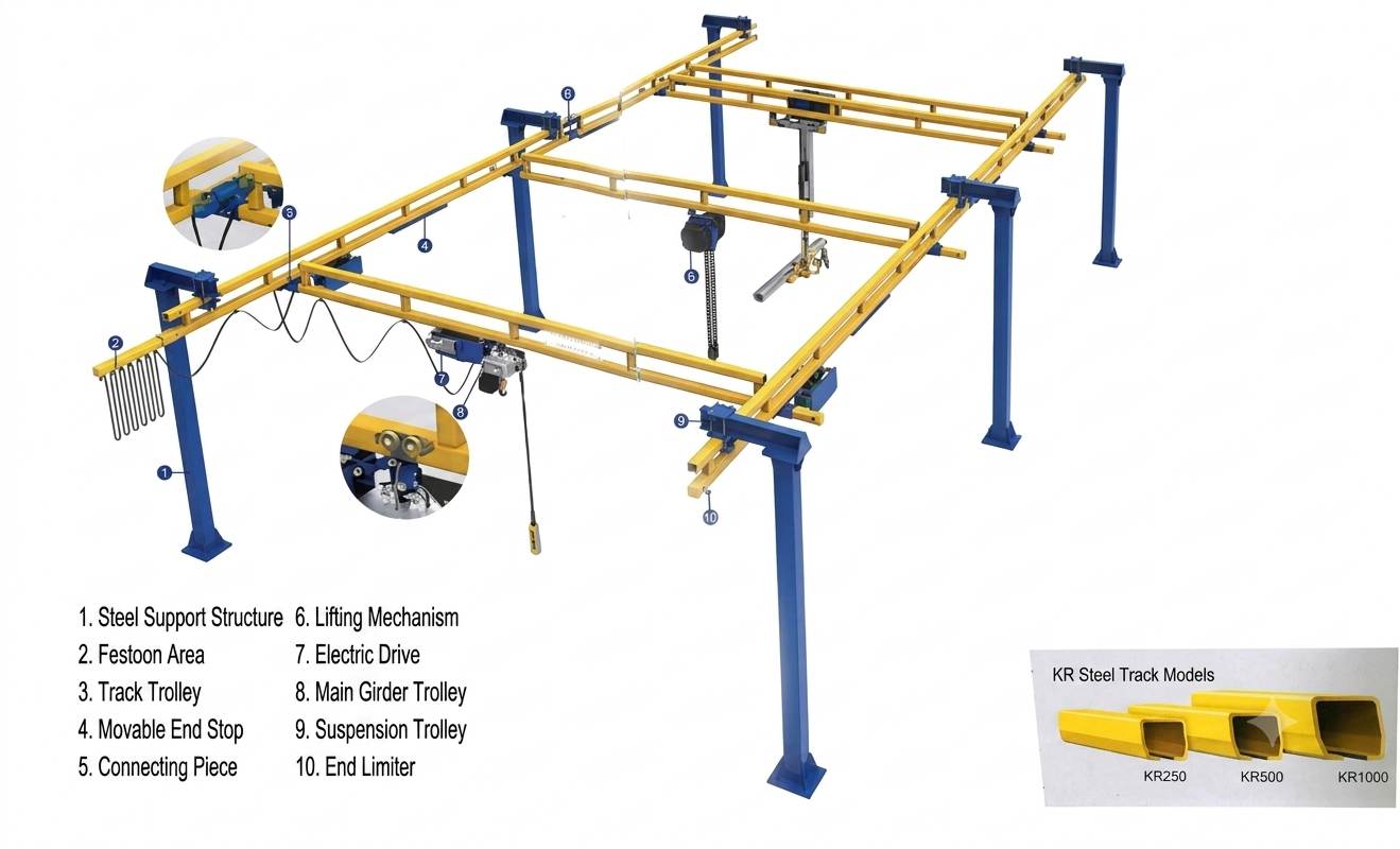 KBK suspended bridge crane with electric hoist
